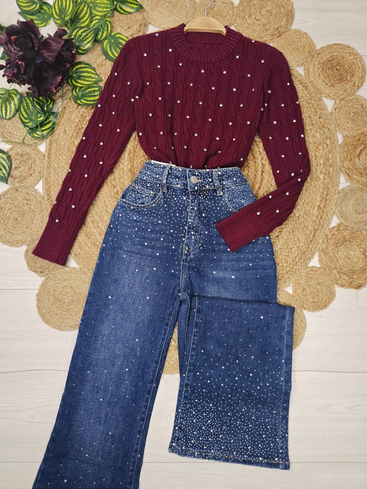 Maglione con motivo a intreccio strass morbido e caldo Nero Level Stores