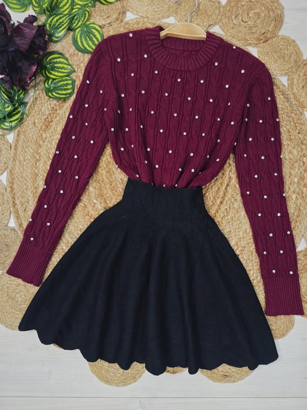 Maglione con motivo a intreccio strass morbido e caldo Bordo Level Stores
