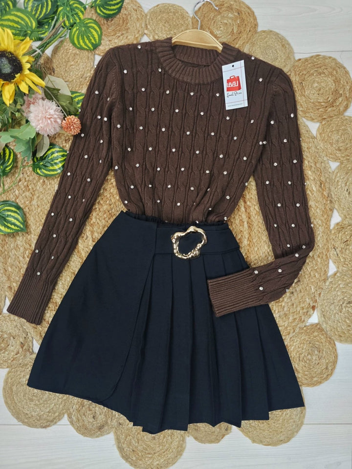 Maglione con motivo a intreccio strass morbido e caldo Nero Level Stores