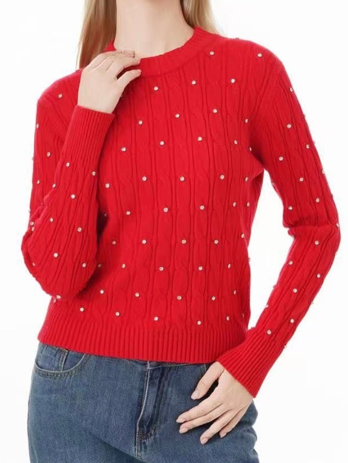 Maglione con motivo a intreccio strass morbido e caldo Rosso Level Stores