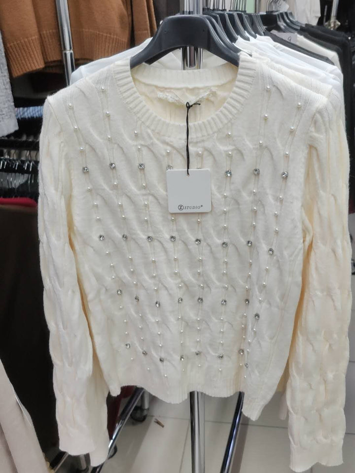 Maglione con motivo intreccio strass morbido e caldo Nero Level Stores