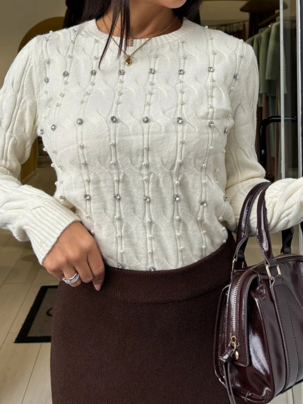 Maglione con motivo intreccio strass morbido e caldo Nero Level Stores