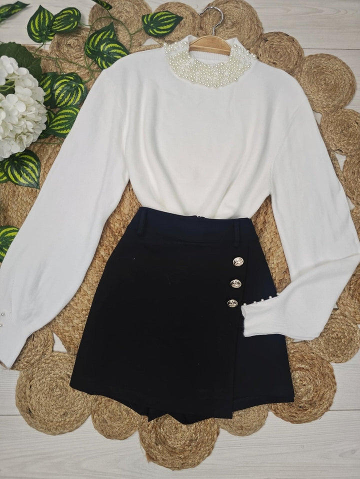 Maglione con perle con maniche lunghe a palloncino morbido e caldo Nero Level Stores