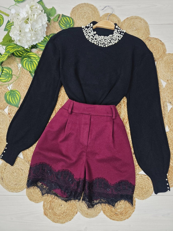 Maglione con perle con maniche lunghe a palloncino morbido e caldo Nero Level Stores