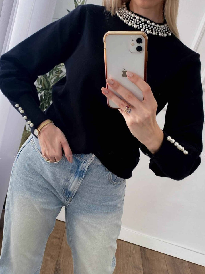 Maglione con perle con&nbsp;maniche lunghe&nbsp;a palloncino morbido e caldo Beige Level Stores