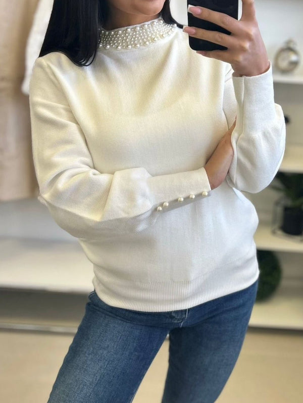 Maglione con perle con&nbsp;maniche lunghe&nbsp;a palloncino morbido e caldo Bianco Level Stores
