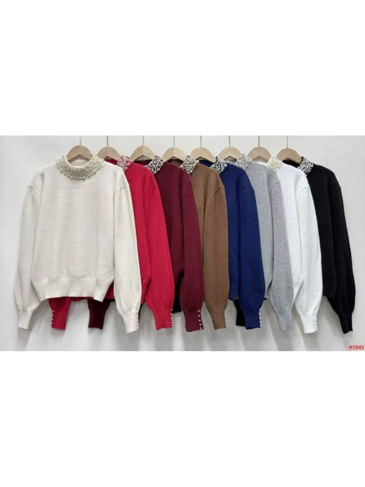 Maglione con perle con&nbsp;maniche lunghe&nbsp;a palloncino morbido e caldo Beige Level Stores