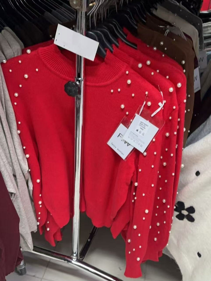 Maglione con perle manica lunga morbido e caldo Rosso Level Stores