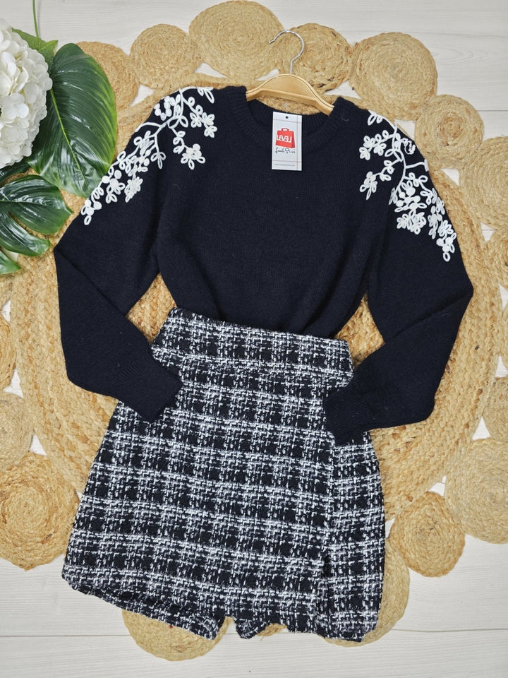 Maglione con ricamo con fantasia floreale morbido e caldo Nero Level Stores