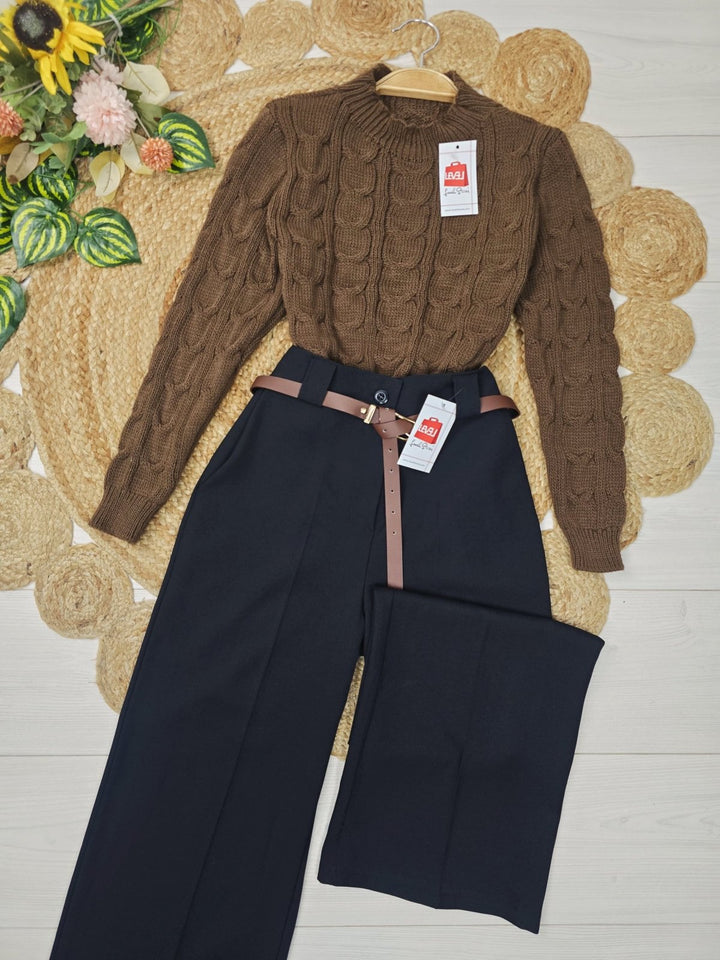 Maglione corto con motivo a intreccio pesante in morbido tessuto e caldo Marrone Level Stores