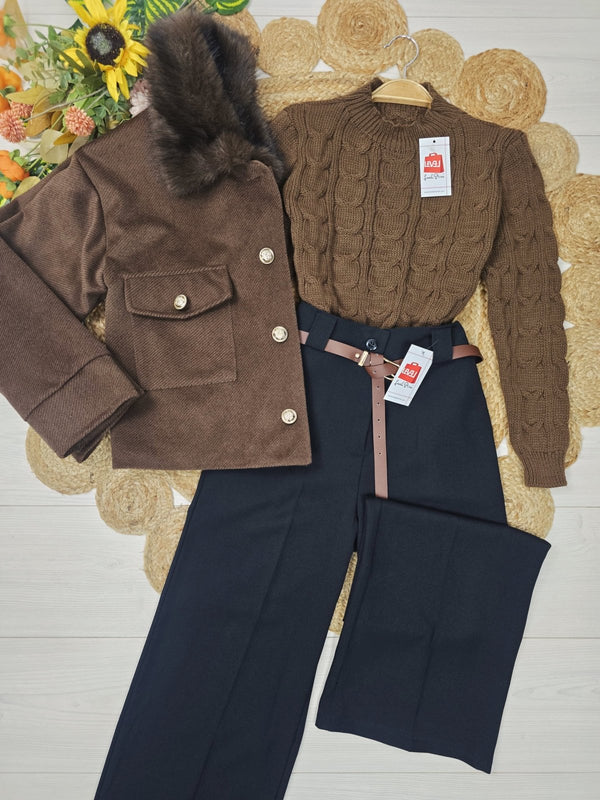 Maglione corto con motivo a intreccio pesante in morbido tessuto e caldo Marrone Level Stores
