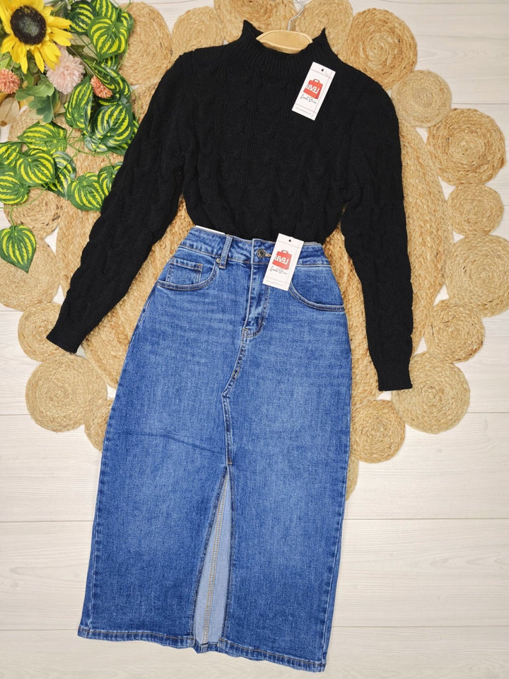 Maglione corto con motivo a intreccio pesante in morbido tessuto Nero Level Stores