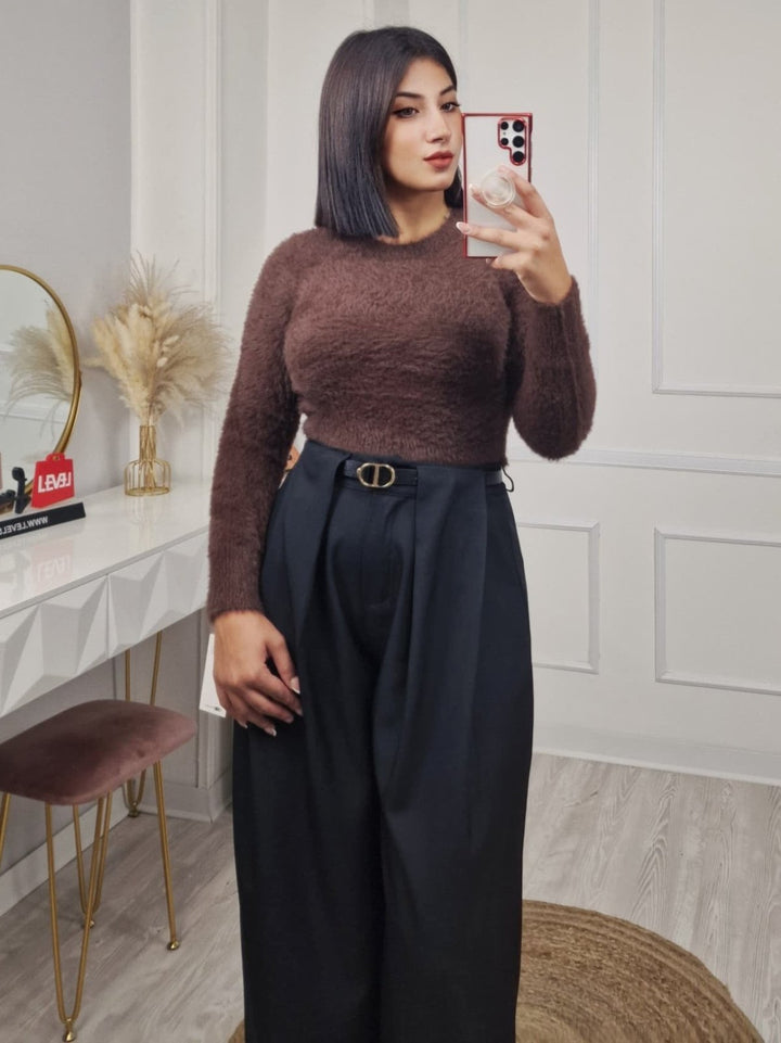 Maglione corto in pelliccia morbida Nero Level Stores