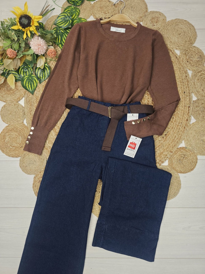 Maglione girocollo modello Zara Con bottoni Morbido Caldo Marrone Level Stores