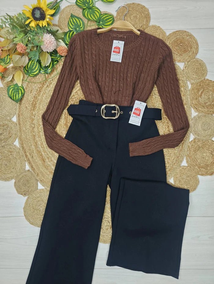 Maglione lunghezza normale con motivo a intreccio Marrone Level Stores