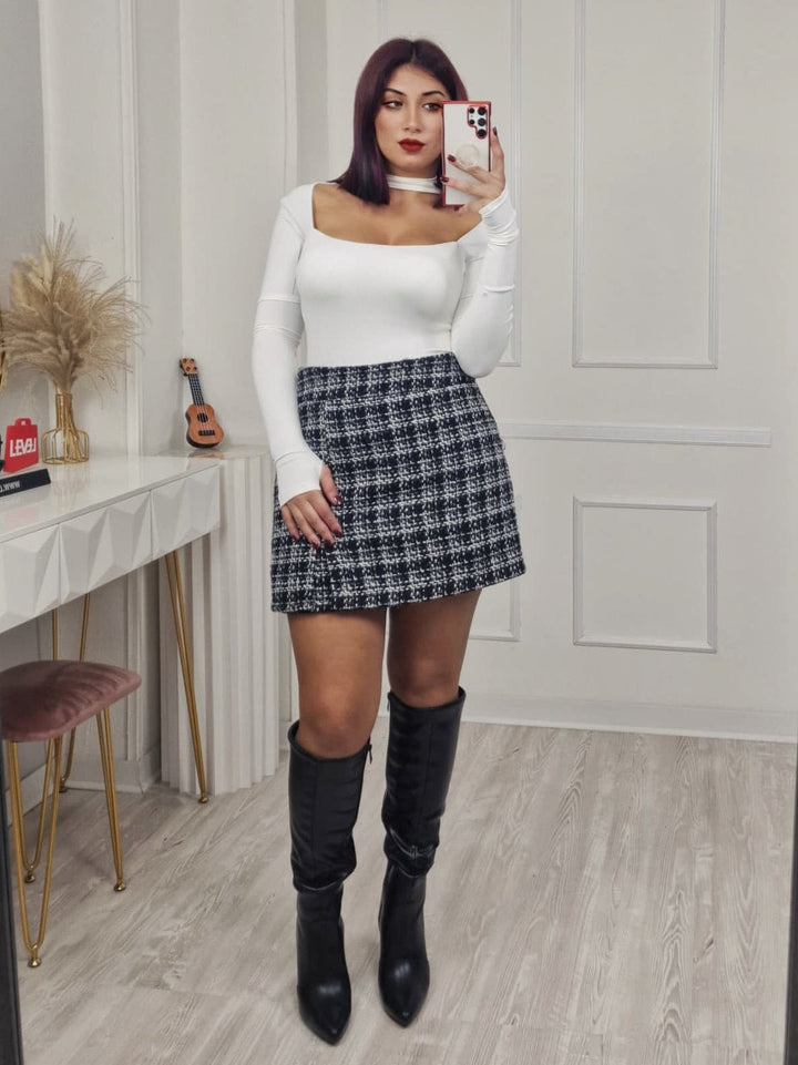 Pantagonna in tweed con zip Nero/Bianco Level Stores