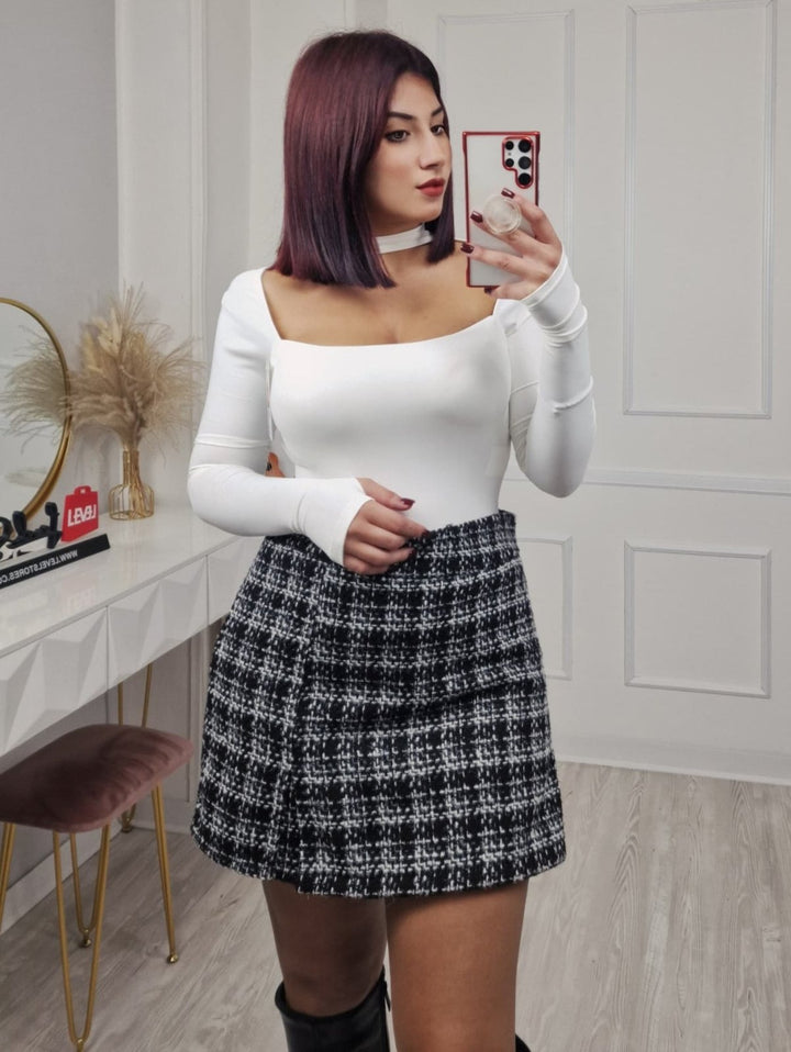 Pantagonna in tweed con zip Nero/Bianco Level Stores