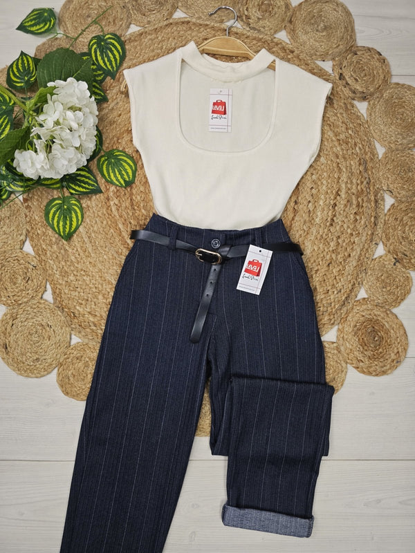 Pantalone a righe inclusa la cintura Casual Grigio Level Stores