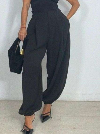 Pantalone a vita alta con pinces e tasche con elastico morbido Nero Level Stores