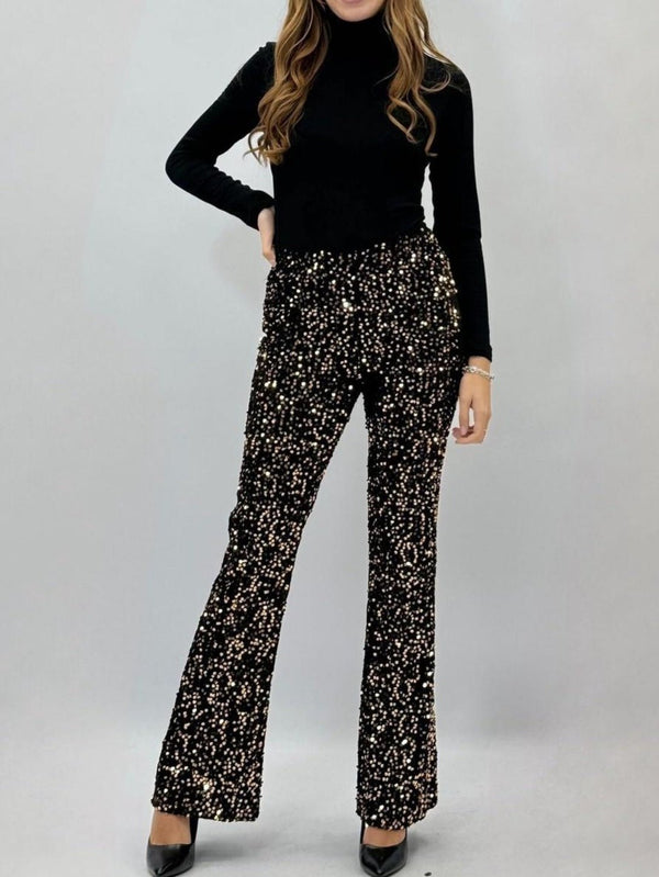 Pantalone a zampa lavorata su maglia elasticizzata con paillettes - Nero con paillettes argento - Level Stores