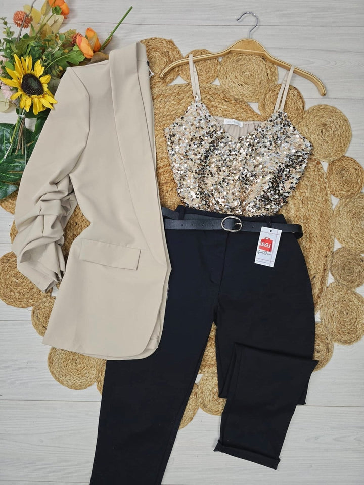 Pantalone con tasche modello skinny con cintura inclusa elasticizzato - Nero - Level Stores