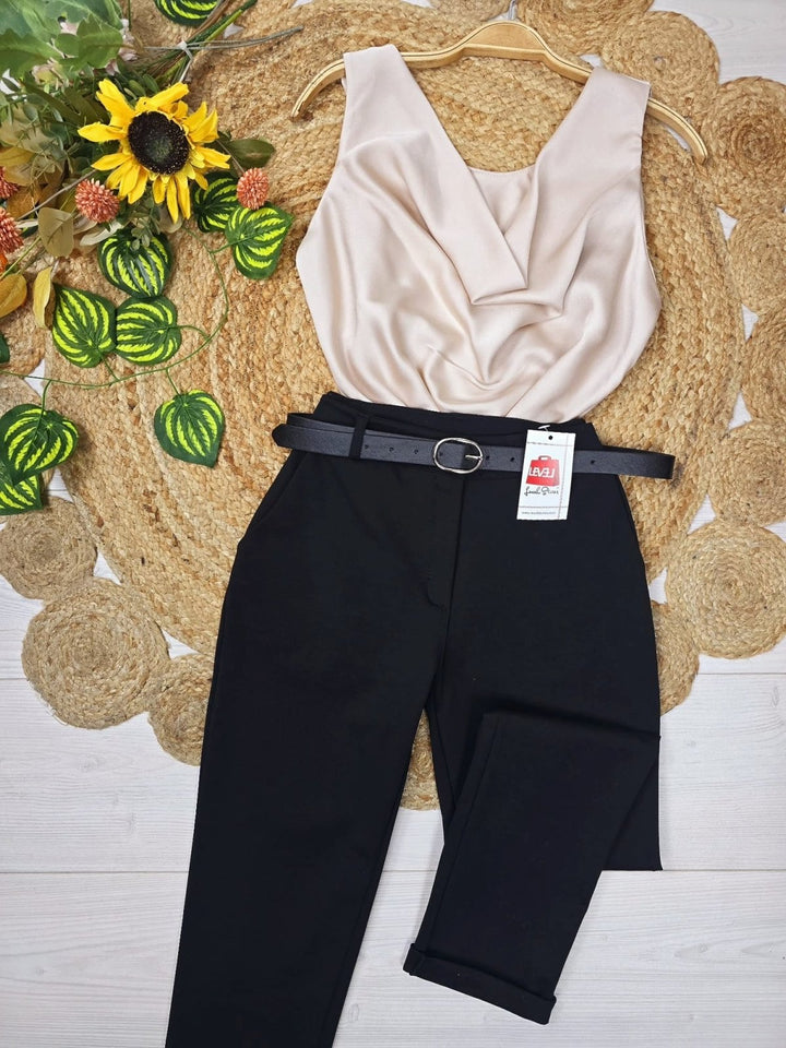 Pantalone con tasche modello skinny con cintura inclusa elasticizzato - Nero - Level Stores