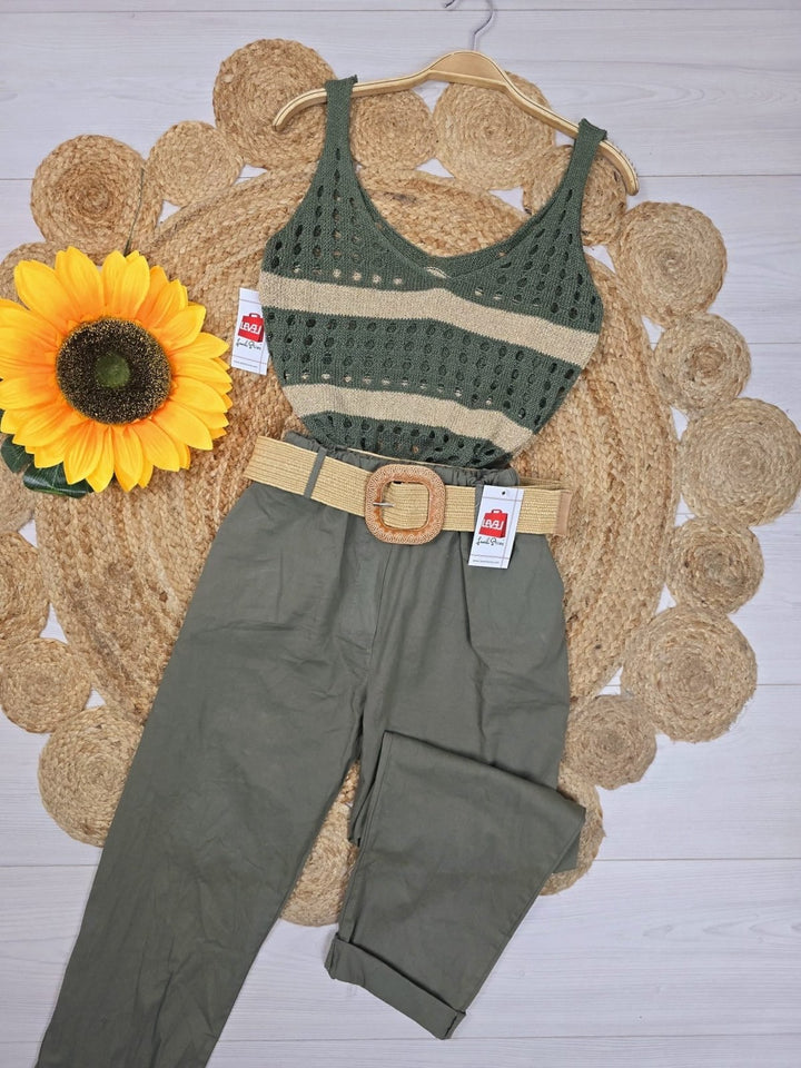 Pantalone di cotone Tasche Cintura Casual - Verde militare - Level Stores