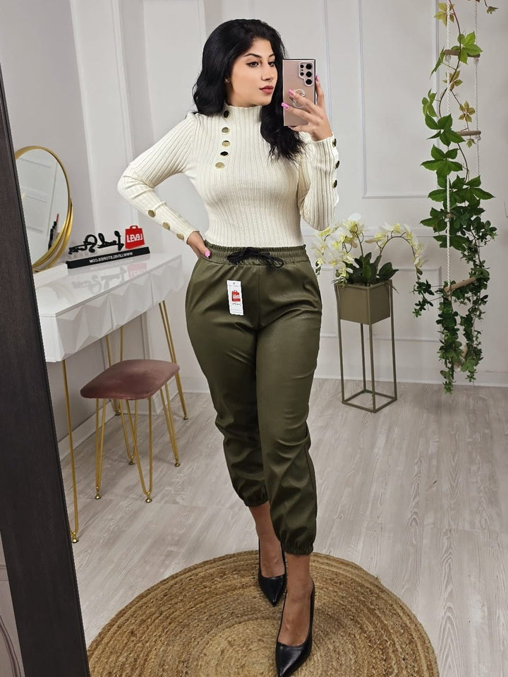 Pantalone in ecopelle - Verde militare - Level Stores