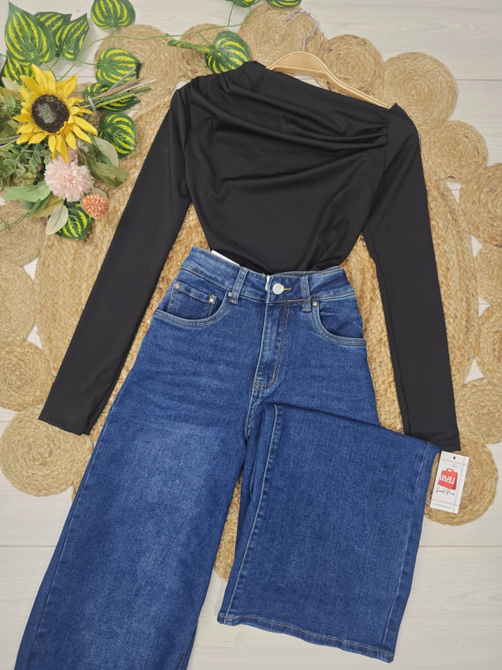 Pantalone in jeans scuro modello palazzo elasticizzato Morbido Casual Jeans scuro Level Stores