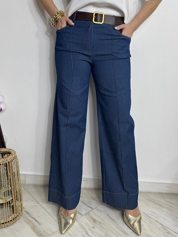 Pantalone in jeans scuro modello palazzo elastico in vita inclusa la cintura Morbido Casual Jeans scuro Level Stores