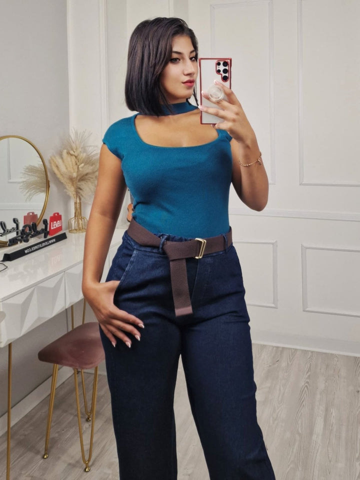 Pantalone in jeans scuro modello palazzo elastico in vita inclusa la cintura Morbido Casual Jeans scuro Level Stores