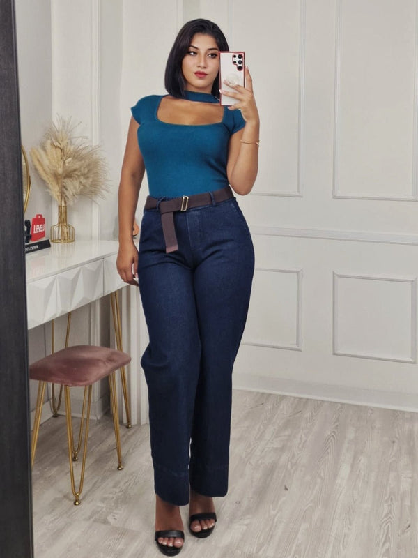 Pantalone in jeans scuro modello palazzo elastico in vita inclusa la cintura Morbido Casual Jeans scuro Level Stores