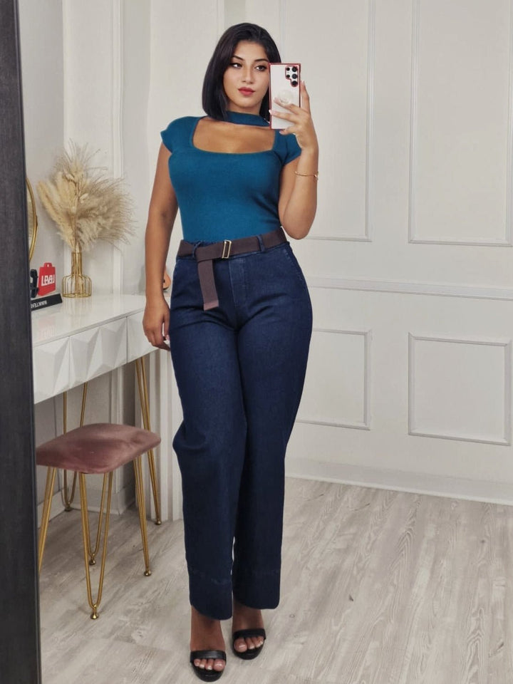 Pantalone in jeans scuro modello palazzo elastico in vita inclusa la cintura Morbido Casual Jeans scuro Level Stores