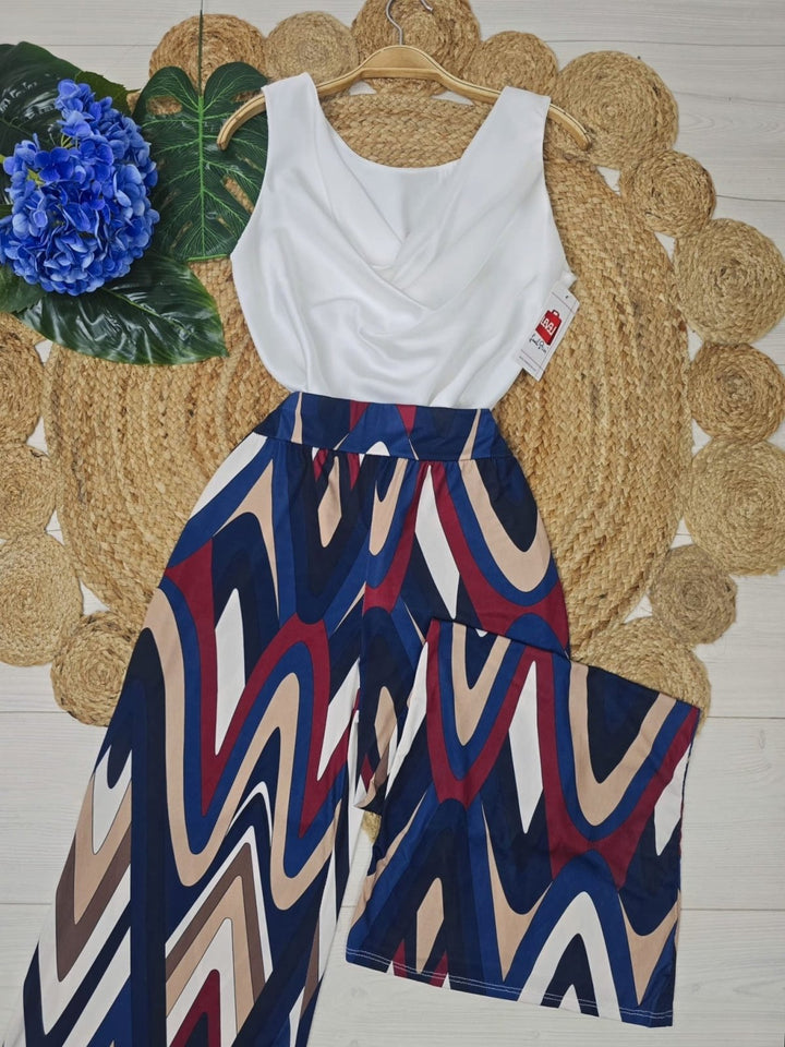 Pantalone in lycra Modello palazzo con fantasia astratta - Blu - Level Stores