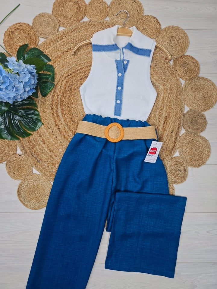 Pantalone leggero in chiffon elastico in vita inclusa la cintura - Blu - Level Stores