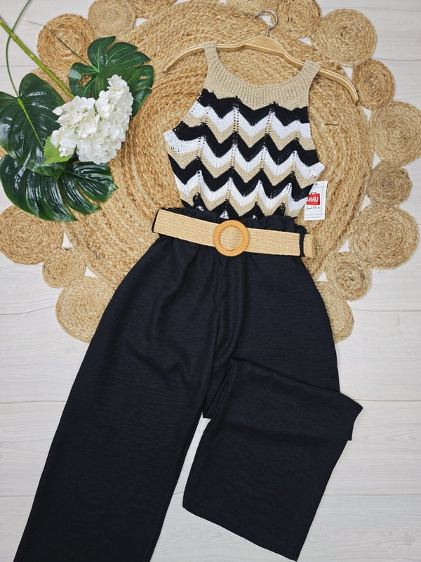Pantalone leggero in chiffon elastico in vita inclusa la cintura - Nero - Level Stores