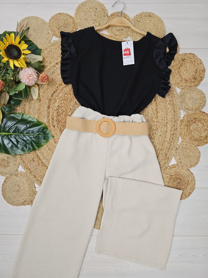 Pantalone leggero in chiffon elastico in vita inclusa la cintura - Nero - Level Stores