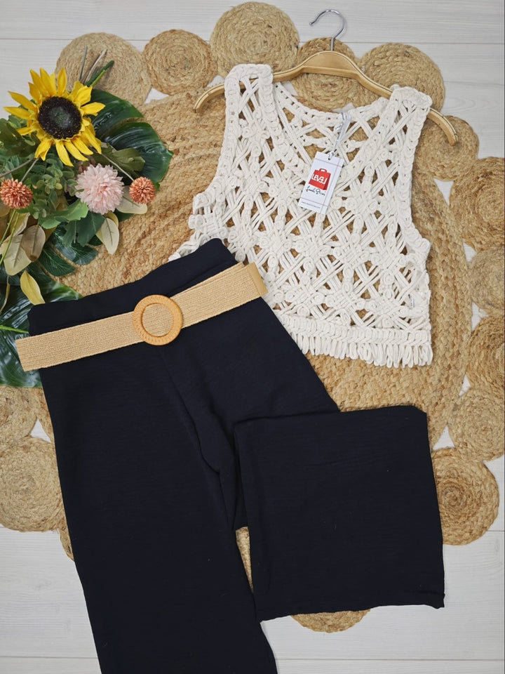 Pantalone leggero in chiffon elastico in vita inclusa la cintura - Nero - Level Stores