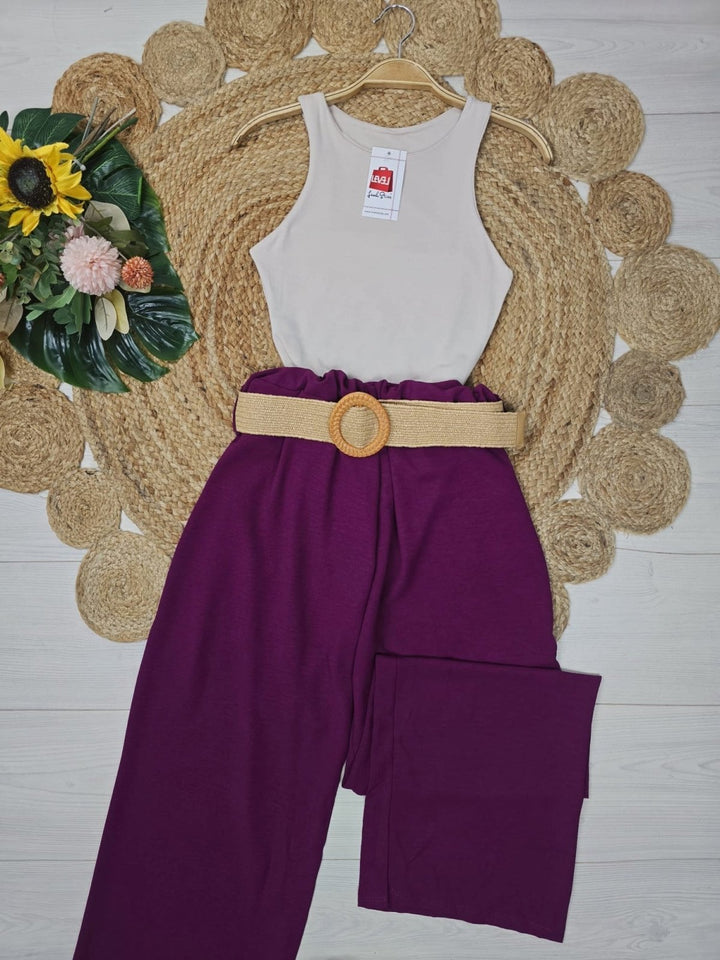Pantalone leggero in chiffon elastico in vita inclusa la cintura - Prugna - Level Stores