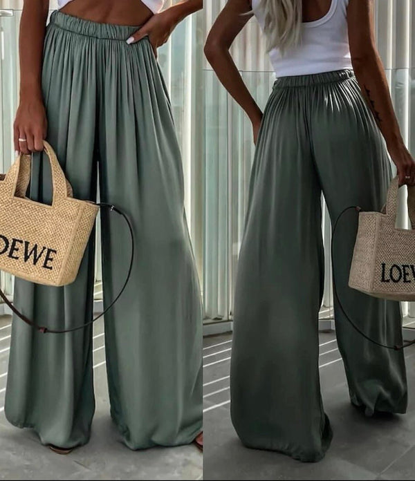 Pantalone modello morbido plissettato con fascia elastica in vita - Verde militare - Level Stores