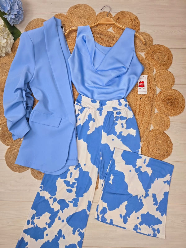 Pantalone Modello palazzo con fantasia astratta - Celeste - Level Stores