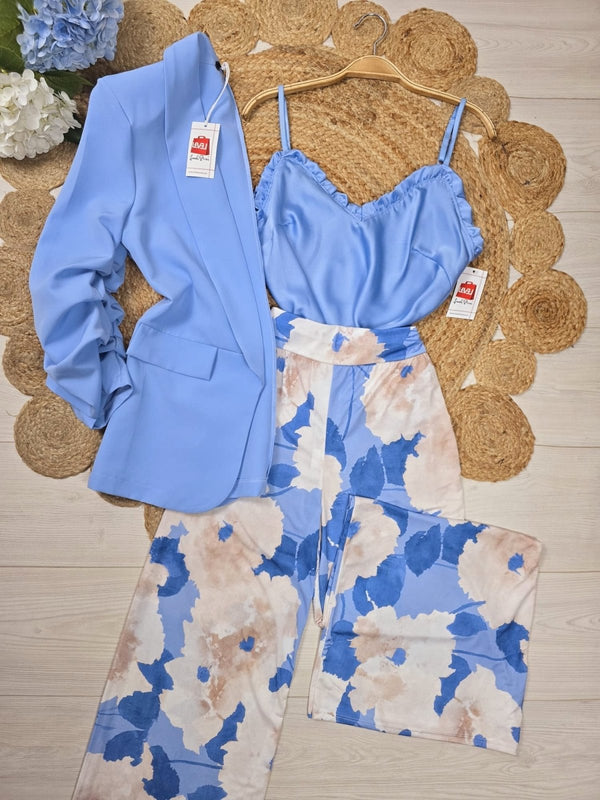 Pantalone Modello palazzo con fantasia floreale - Celeste - Level Stores