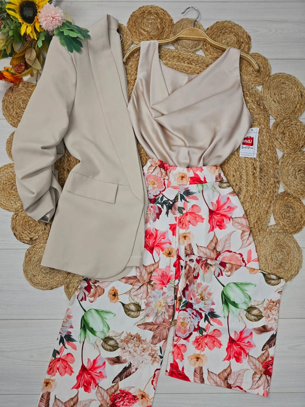 Pantalone Modello palazzo con fantasia floreale - Bianco/Rosso - Level Stores