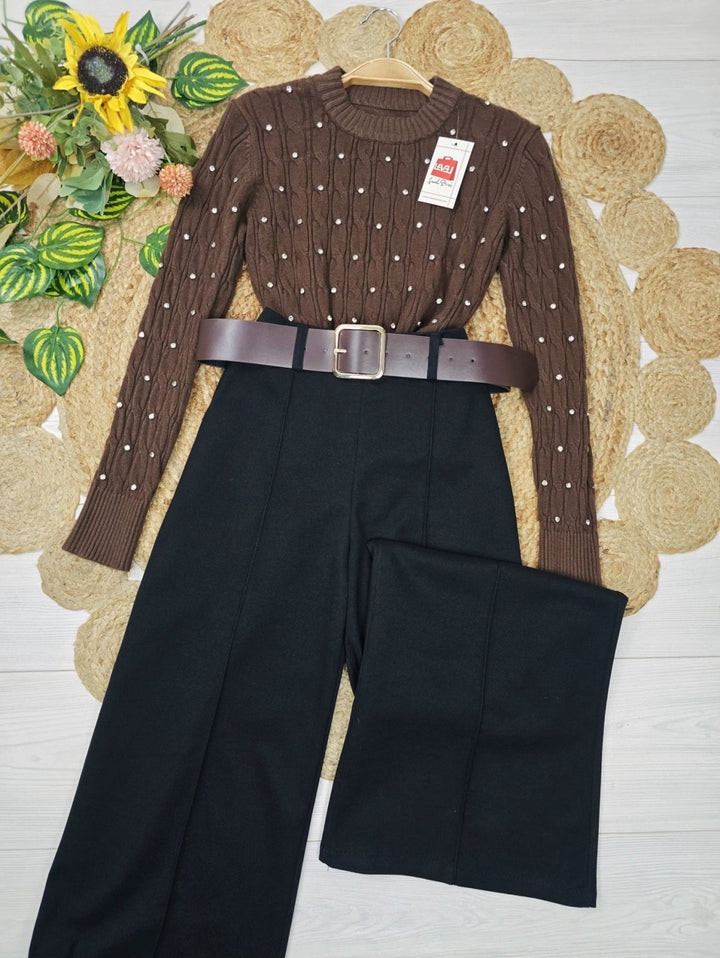 Pantalone modello palazzo elastico in vita inclusa la cintura` Beige Level Stores