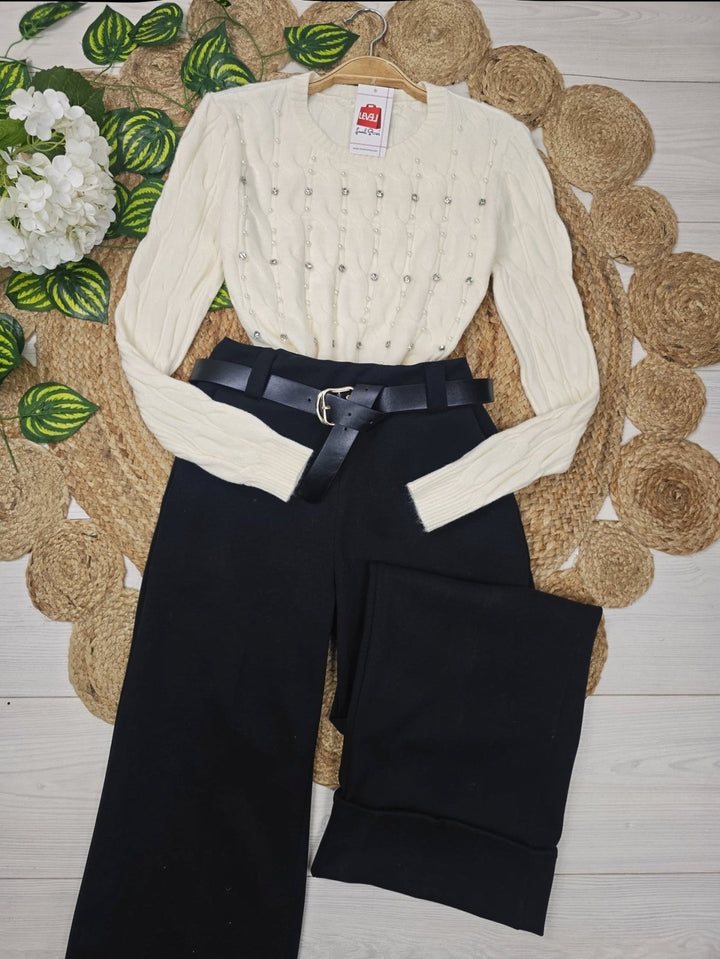 Pantalone modello palazzo elastico in vita inclusa la cintura Nero Level Stores