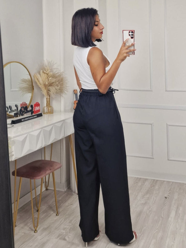 Pantalone modello palazzo elastico in vita inclusa la cintura Morbido Casual Nero Level Stores