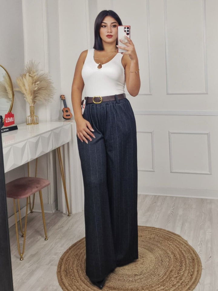 Pantalone modello palazzo elastico in vita inclusa la cintura Morbido Casual Grigio Level Stores