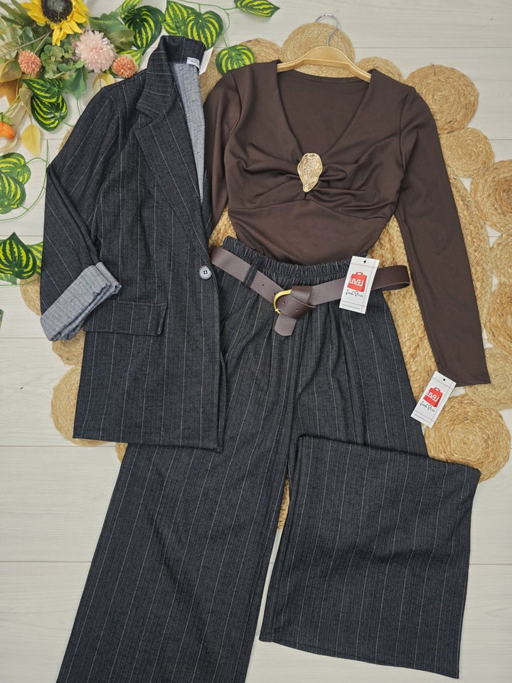 Pantalone modello palazzo elastico in vita inclusa la cintura Morbido Casual Grigio Level Stores
