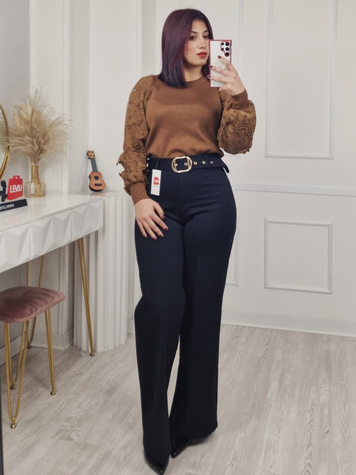 Pantalone modello palazzo inclusa la cintura elasticizzato Nero Level Stores