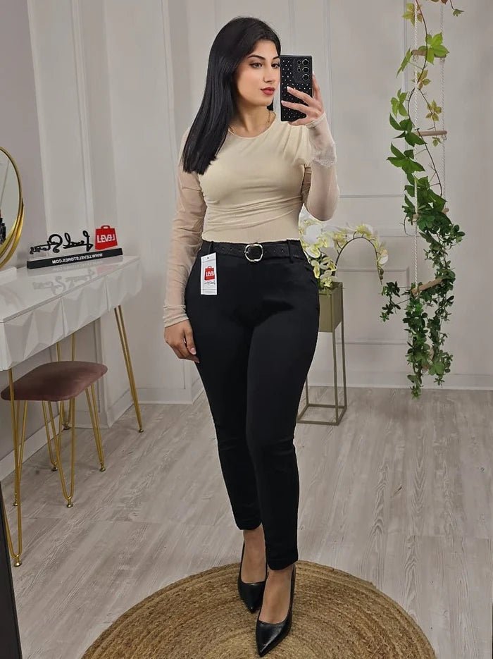 Pantalone modello skinny tessuto pesante con cintura inclusa elasticizzato Nero Level Stores